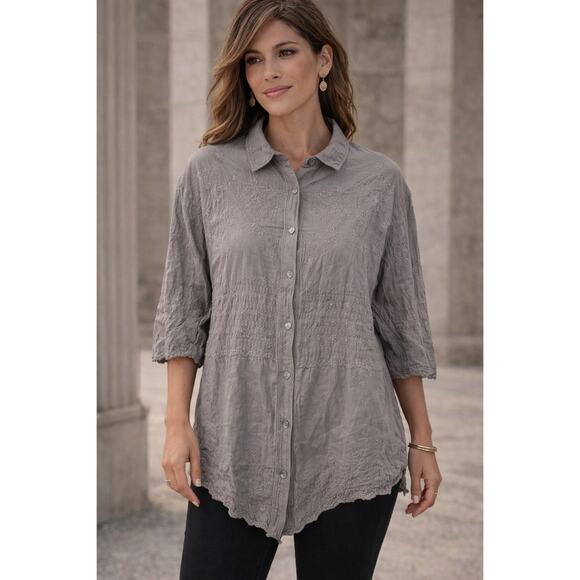 Solitaire Tops - Solitaire Floral Embroidered Button Up Blouse Green Boho Womens Plus 2x